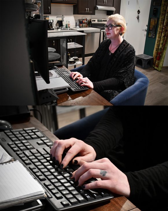 Olexia sitting at her desk within her Capitol Hill home, typing on her computer.